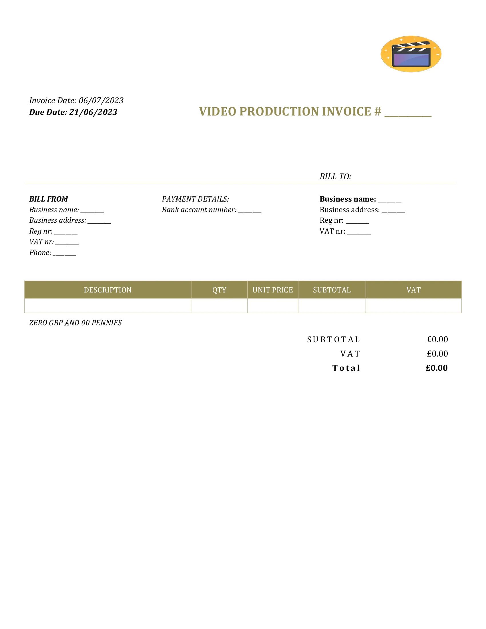 generic video production invoice template UK Word / Google docs