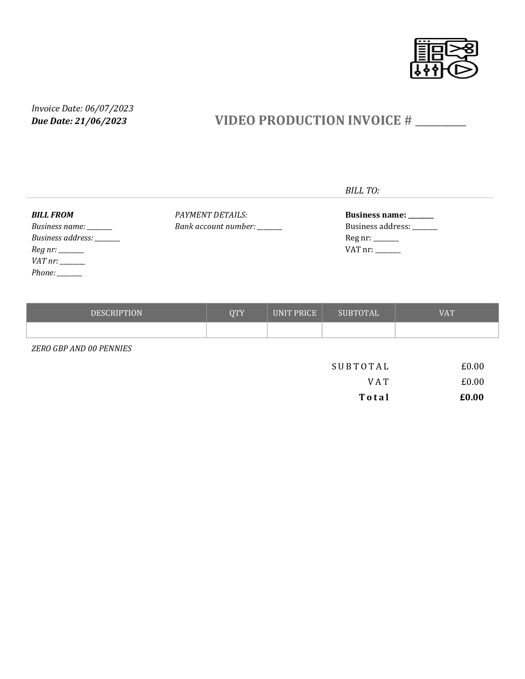 standart video production invoice template UK Word / Google docs