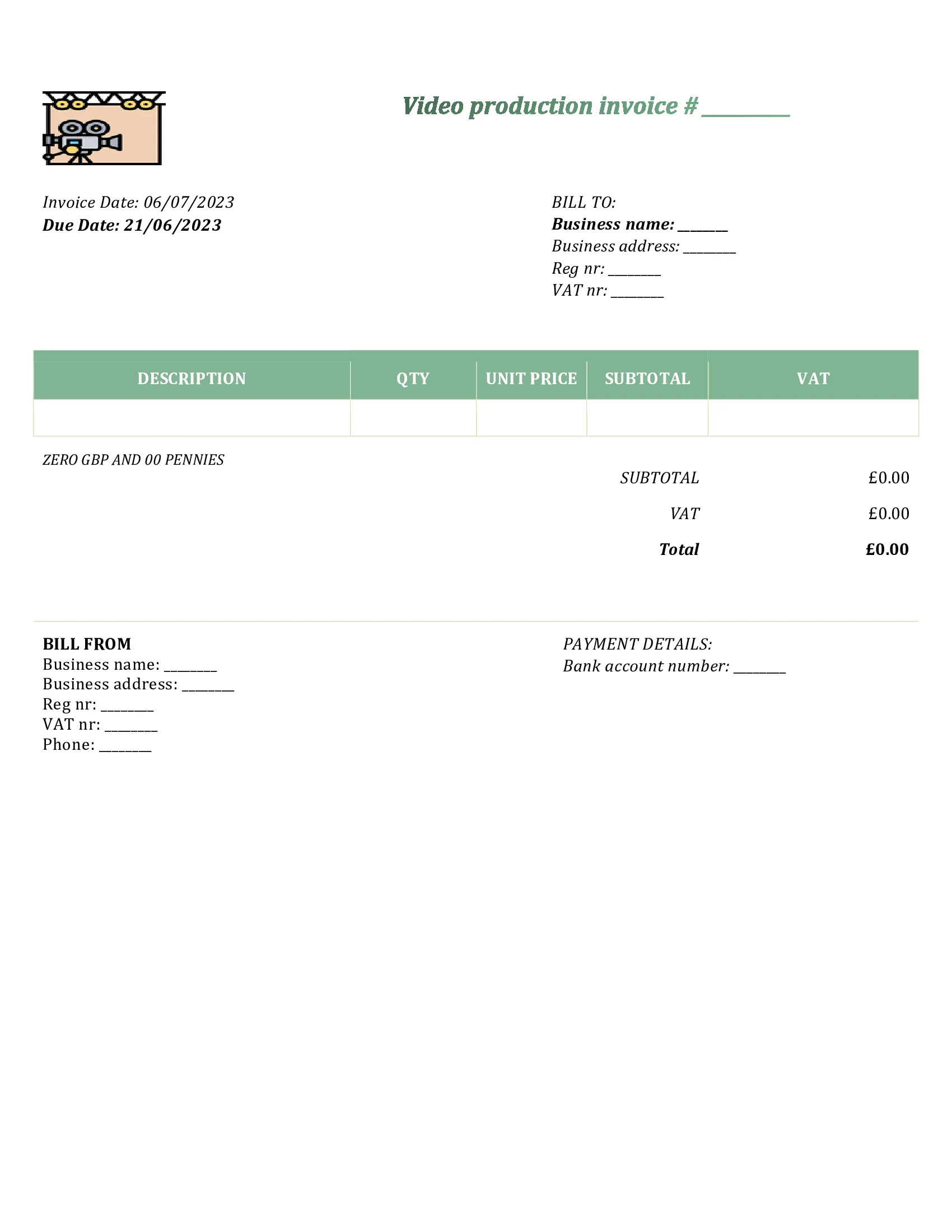 customizable video production invoice template UK Word / Google docs